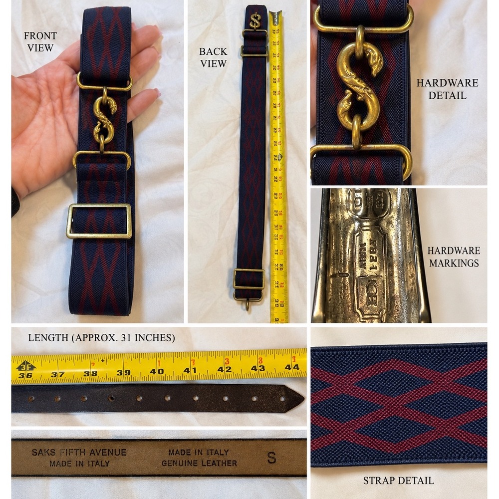 Saks Fifth Avenue Vintage Elastic Cinch Belt Navy Burgundy Brass Snake Buckle S